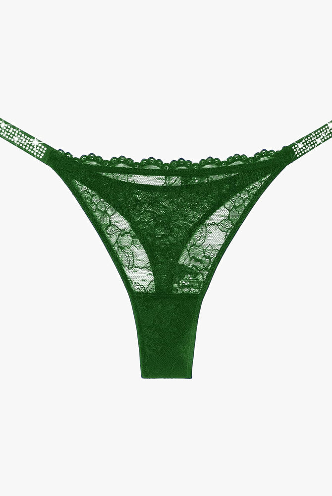 Green lace thong with embellished strap edge and scalloped lace trim
