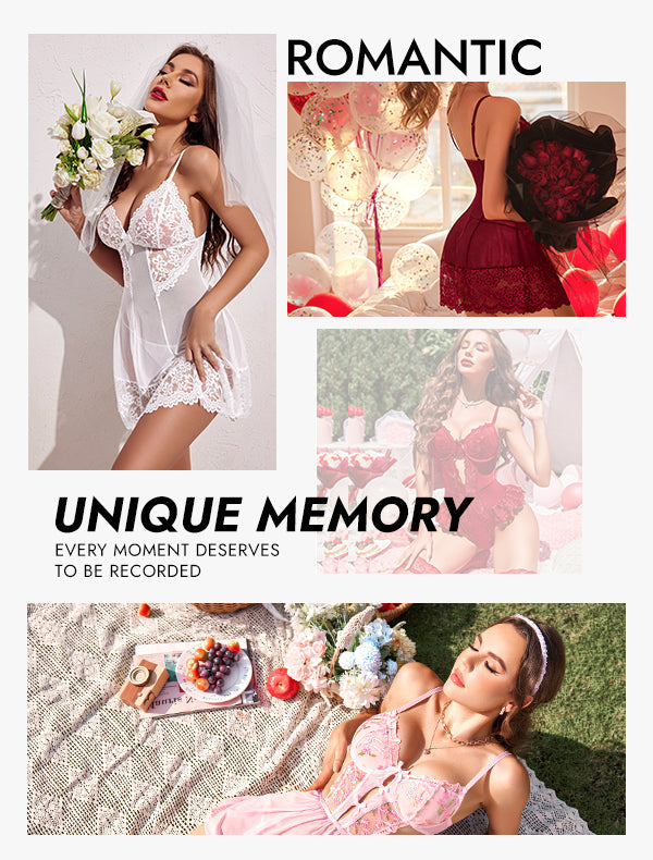 Blind lingerie box lineup showing white lace lingerie on a model and a romantic red set