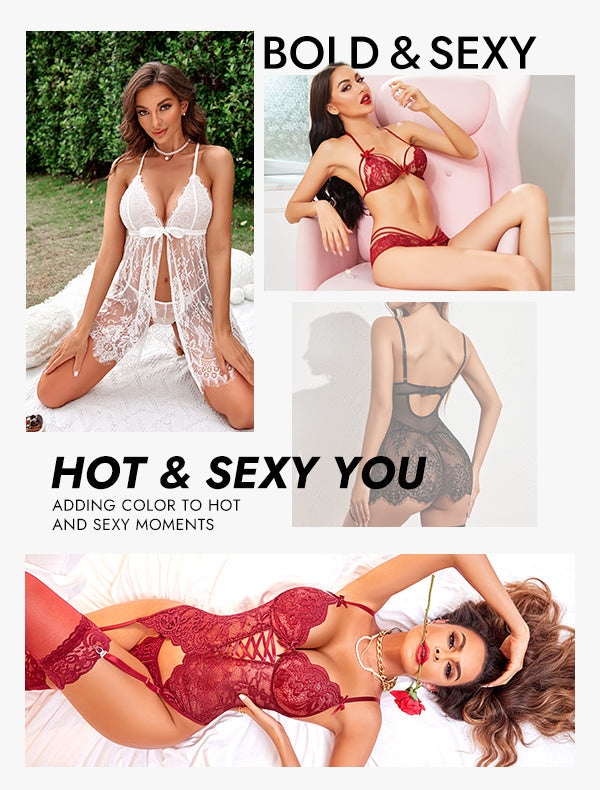 Blind lingerie box lineup showing multiple lingerie sets on models, red and white styles