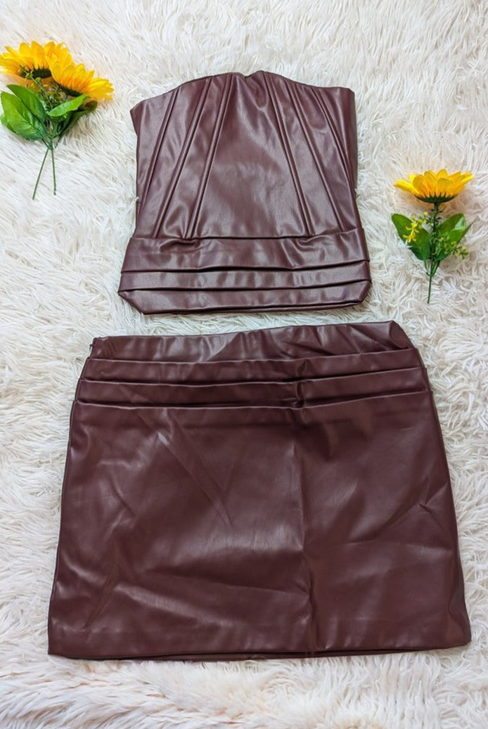 Wine red PU strapless corset top and ruched mini skirt set, two-piece