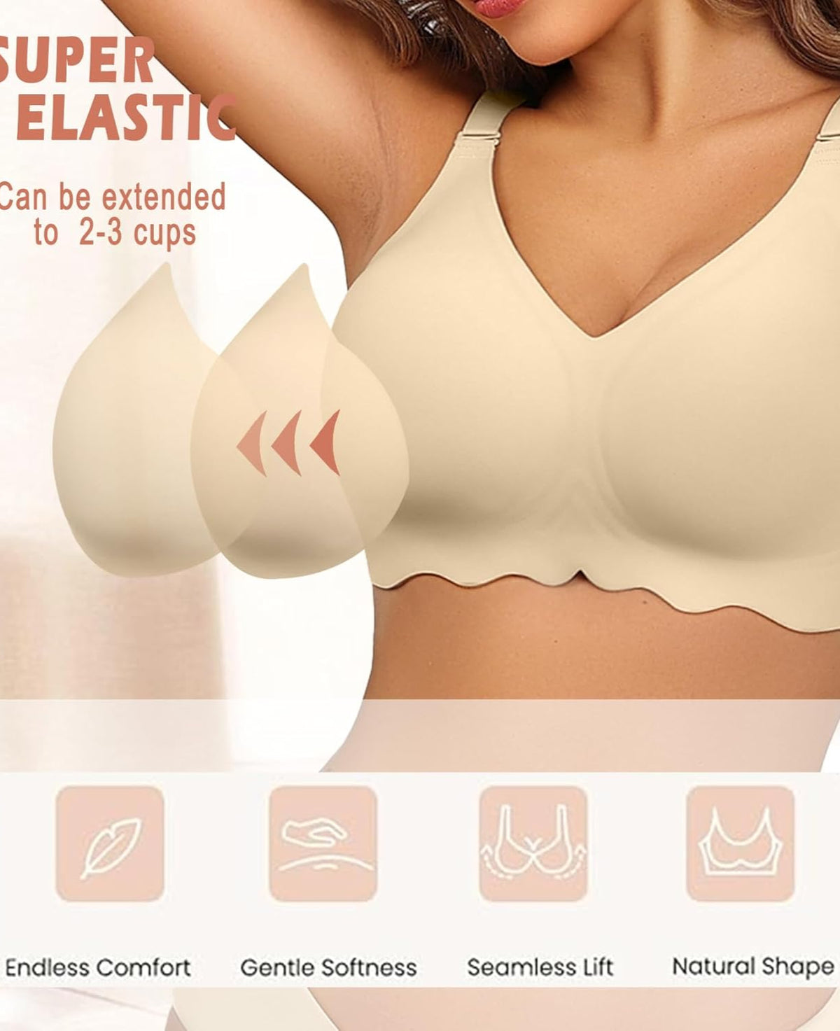 Seamless wireless bralette bra close-up with V cups and scalloped hem underband