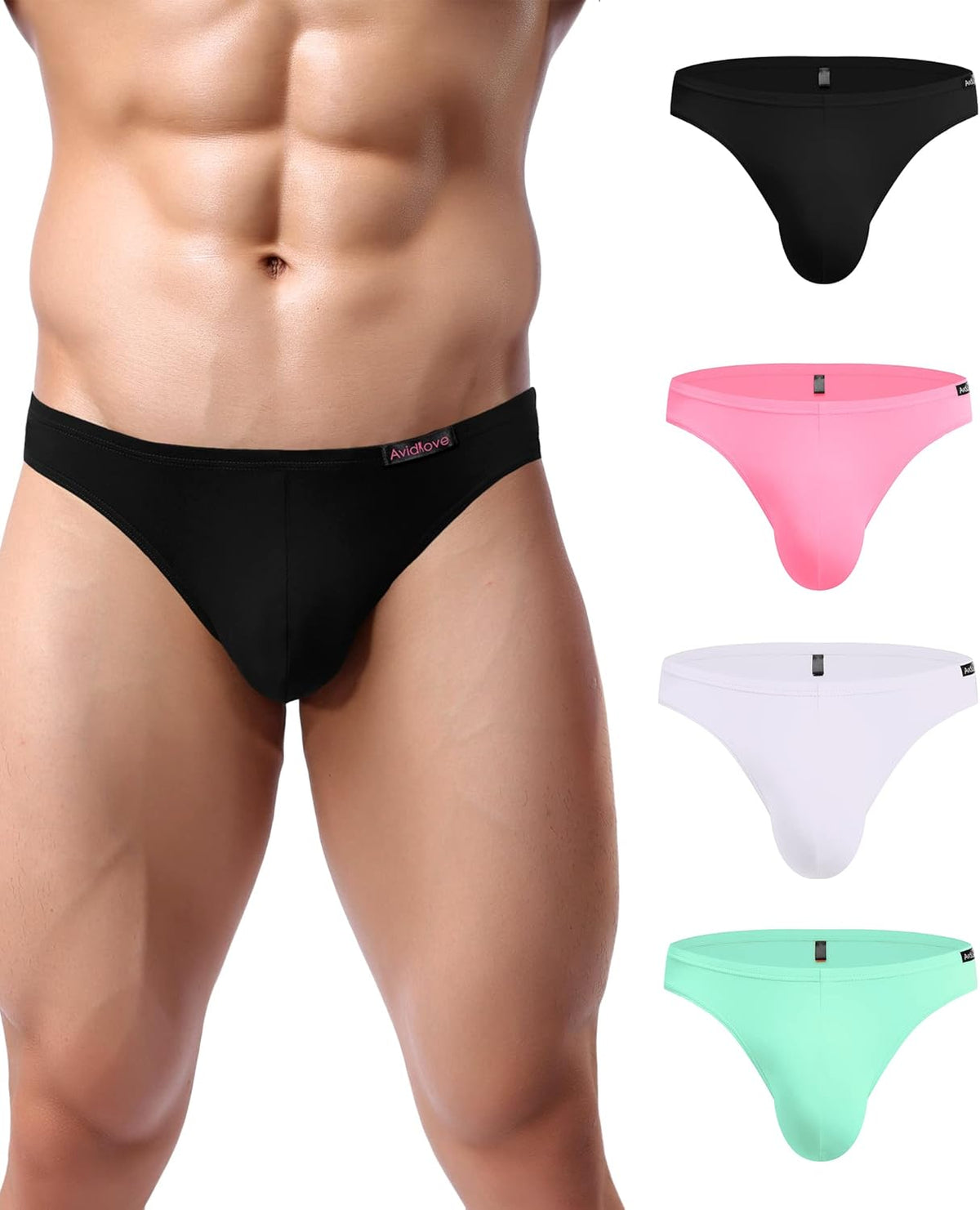 Men's low-rise hip briefs in black, pink, white, and mint green colors