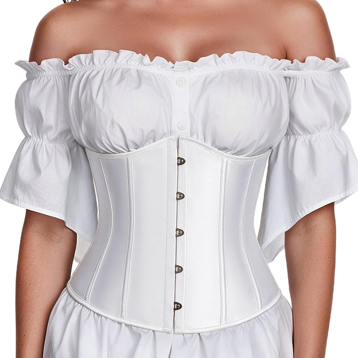 White underbust corset top with button front and white off-shoulder ruffle sleeves