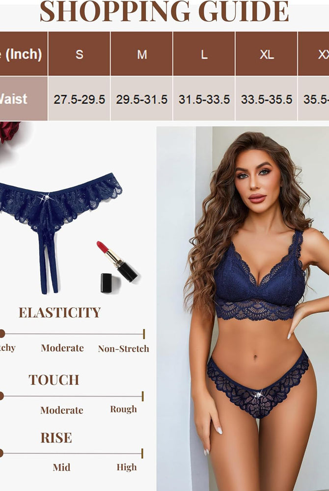 Navy lace thong brief with scalloped trim and crisscross ribbon ties