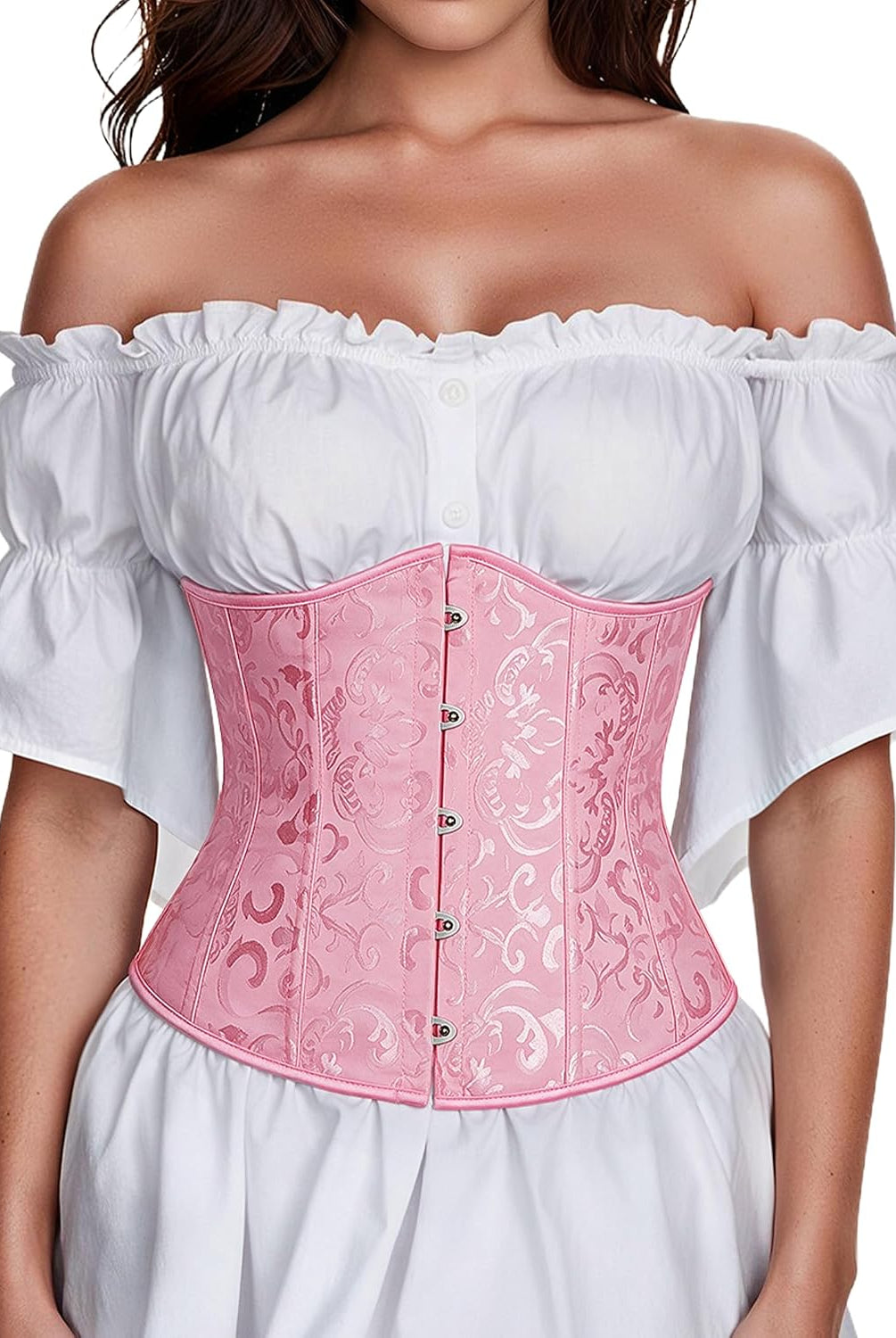 Pink patterned underbust corset top with button front and white off-shoulder ruffle sleeves