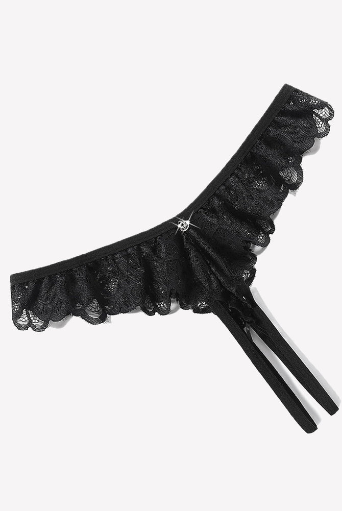 Black lace crisscross thong briefs with scalloped trim and double ribbon ties