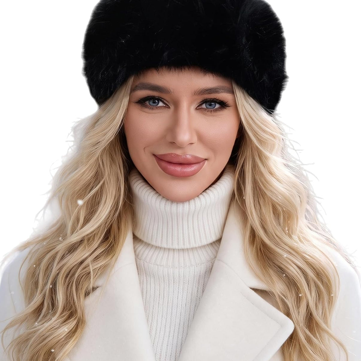Faux fur headband with elastic, black winter ear warmer for women