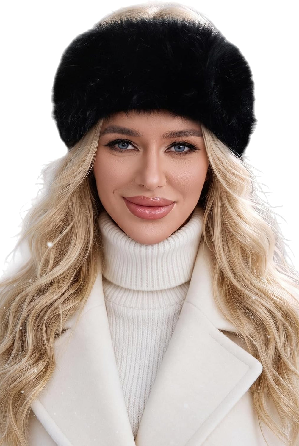 Faux fur headband with elastic, black winter ear warmer for women