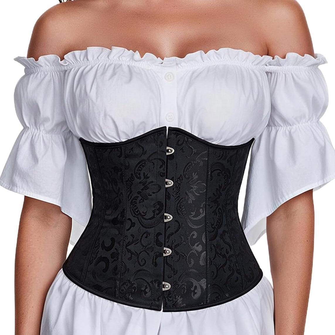 Black underbust corset top with button front and white off-shoulder ruffle sleeves