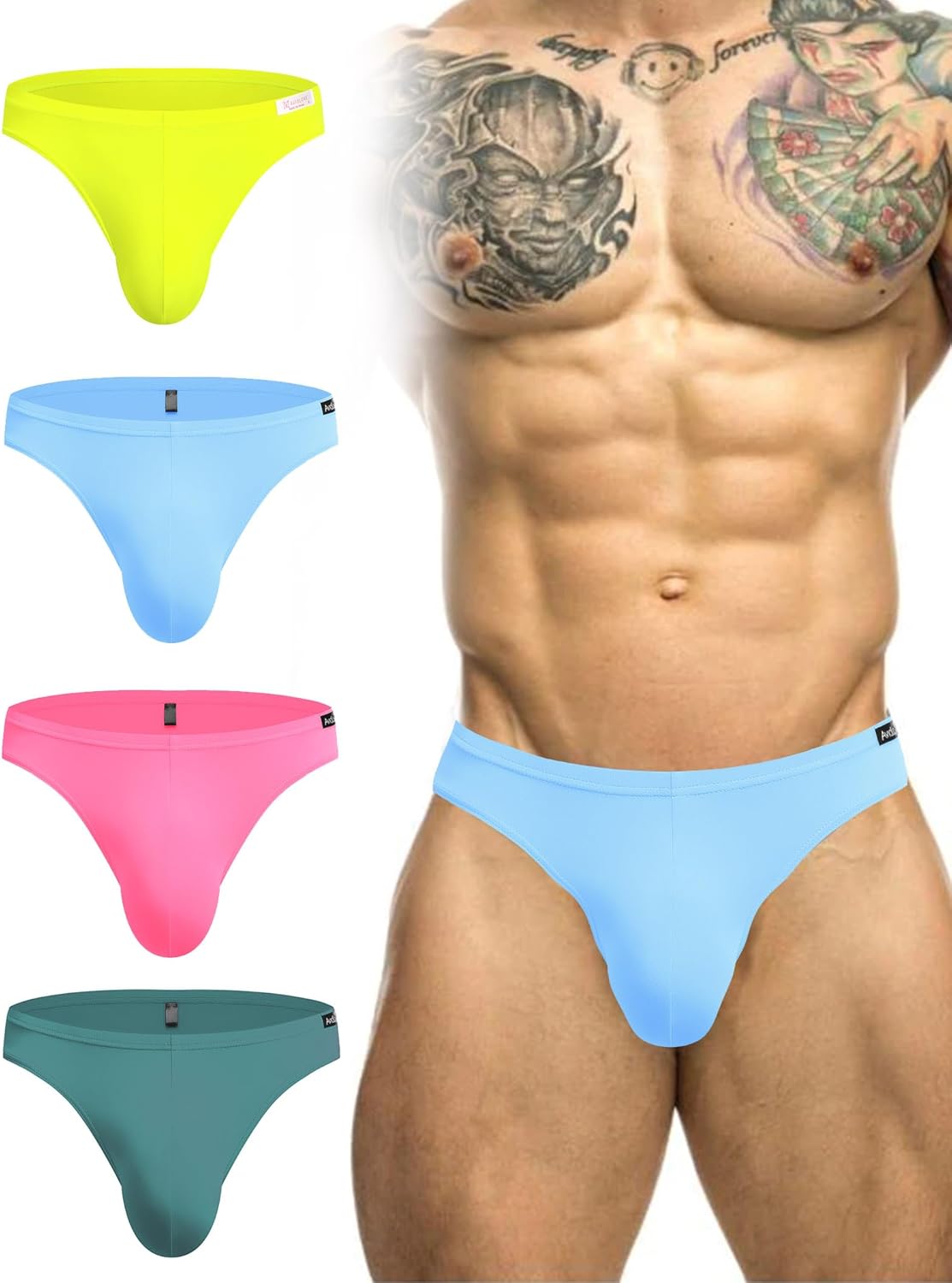 Men's low-rise hip briefs, neon yellow, blue, pink, teal