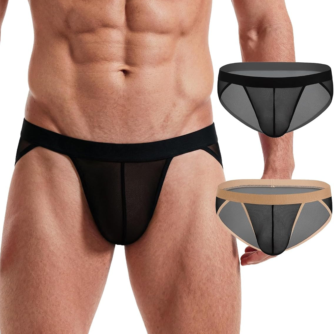Men's sheer mesh contour pouch brief, black with sheer front and low-rise cut