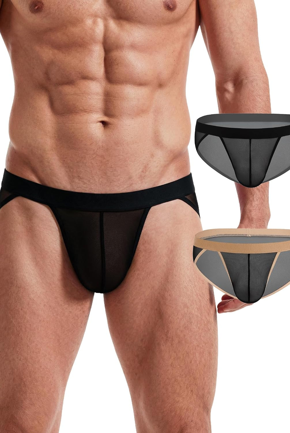 Men's sheer mesh contour pouch brief, black with sheer front and low-rise cut