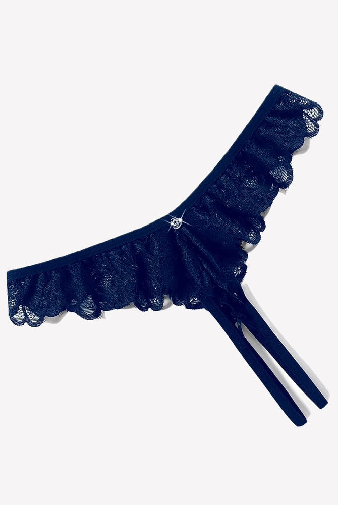 Navy lace criss-cross thong briefs with scalloped ruffle edge and side ties