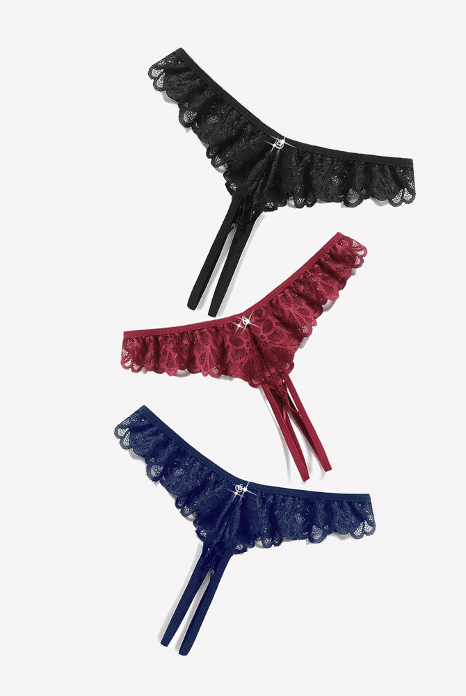Set of lace thong briefs in black, burgundy, and navy with crisscross ribbon ties