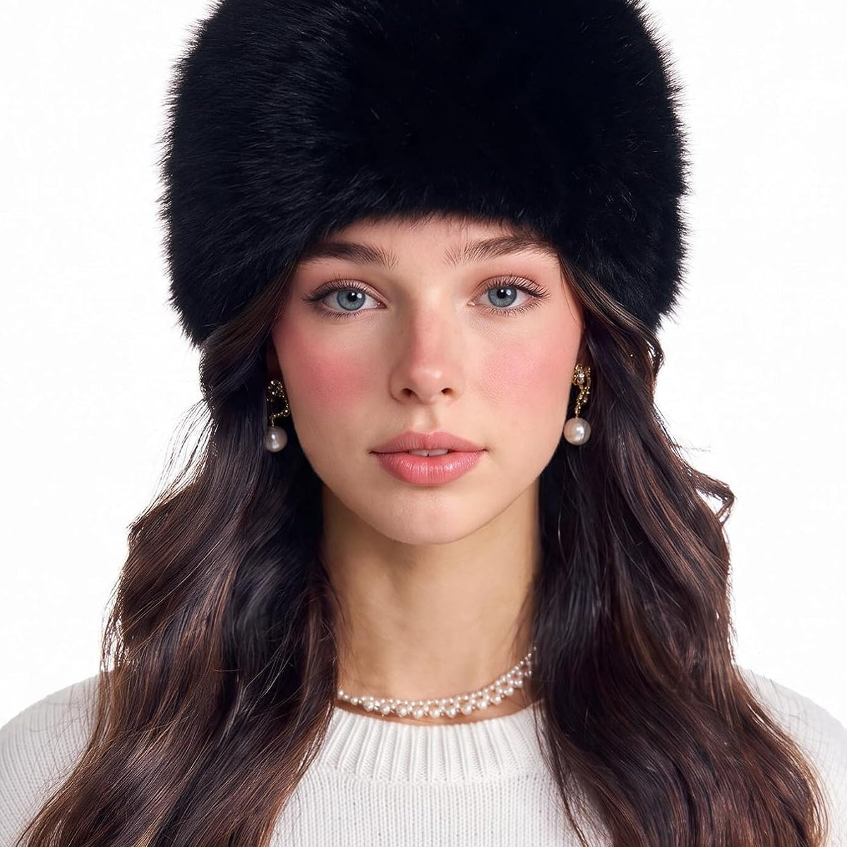 Black faux fur cossack hat with plush rounded crown and ear-covering brim