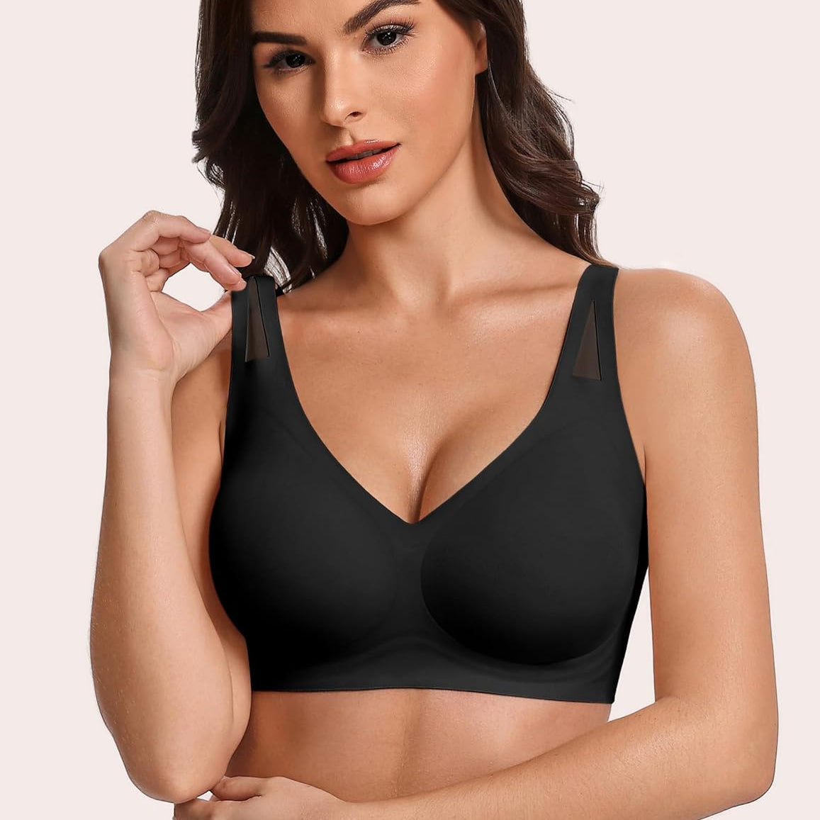 Black wireless full coverage bra with V-neck, seamless cups, no underwire