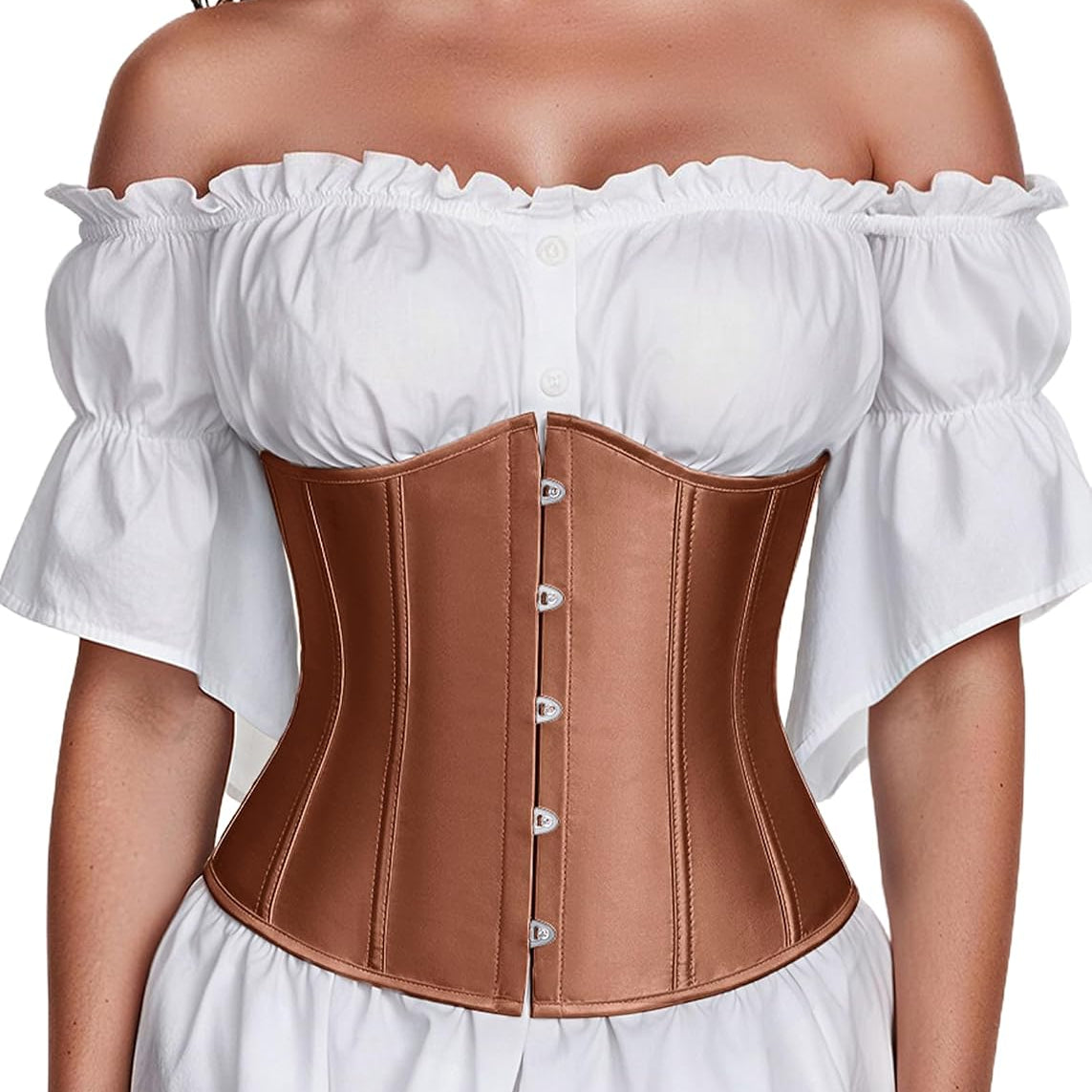 Brown underbust corset top with button front and white off-shoulder ruffle sleeves