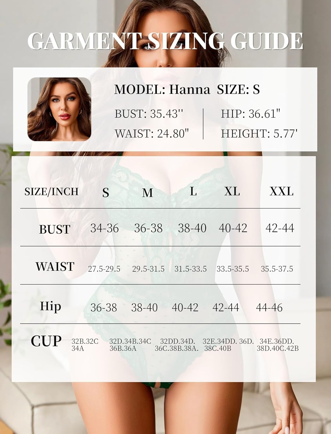 Garment sizing guide featuring model in black sheer lace bodysuit teddy with V-neck
