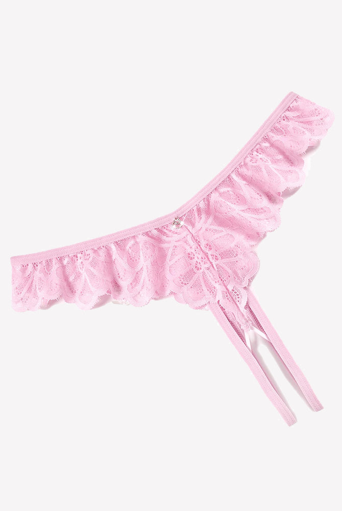 Pink lace criss-cross thong briefs with scalloped ruffle edge and side ties