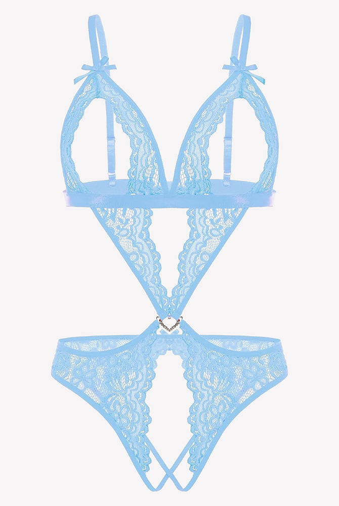 Light blue lace deep V teddy bodysuit with crossover back straps and adjustable straps