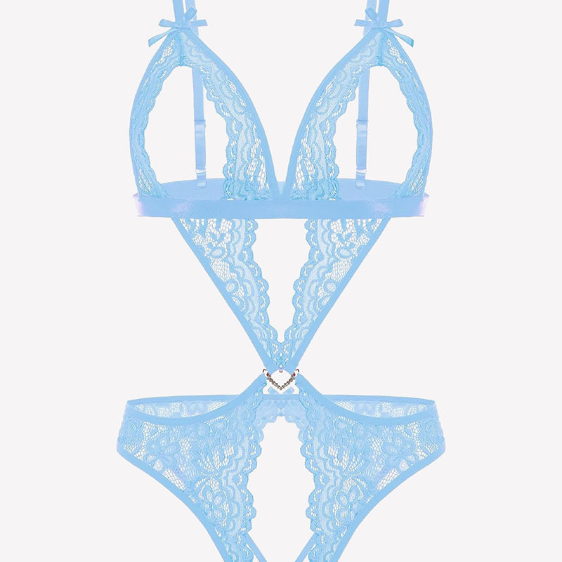 Light blue lace deep V teddy bodysuit with crossover back straps and adjustable straps