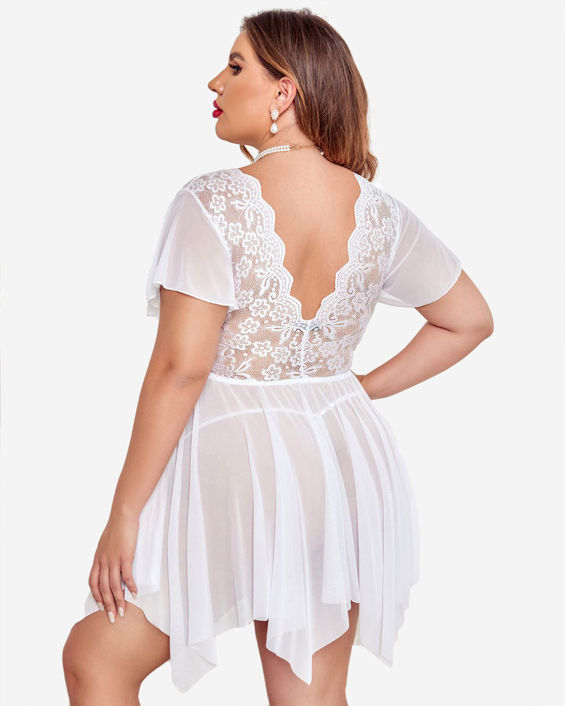 White lace back babydoll lingerie with open scoop back and flutter sleeves