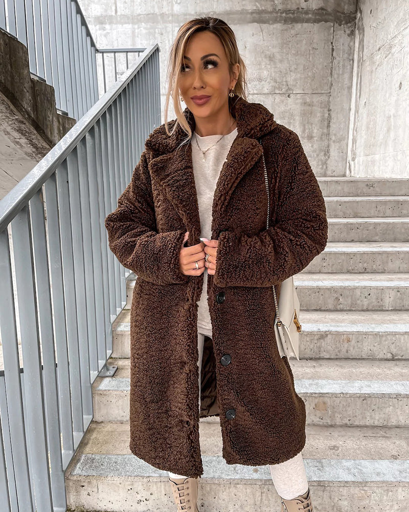 Brown plush faux fur coat, long button-front with hooded collar and side pockets