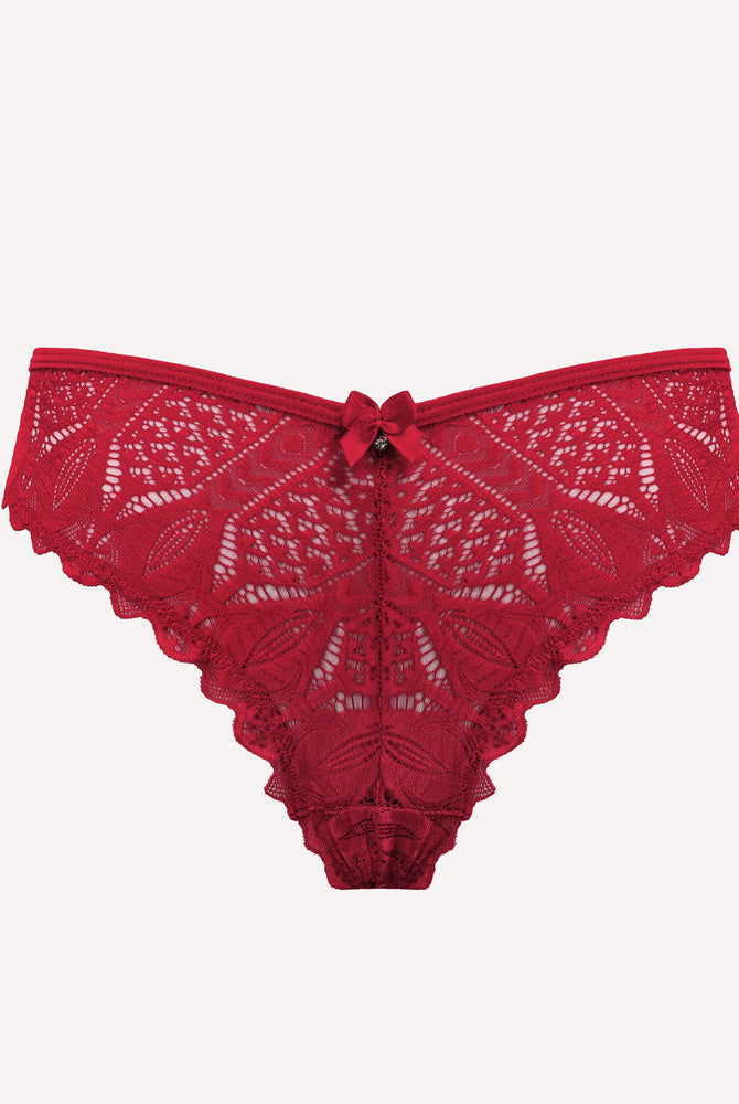 Red lace thong with scalloped edges and small center bow at waistband