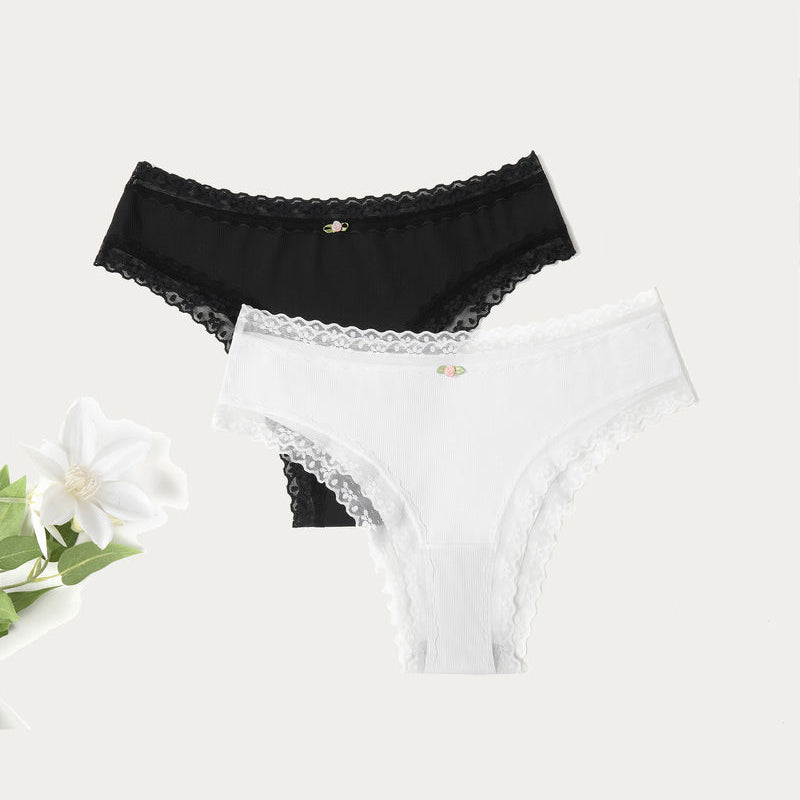 Lace hipster panties set: black and white lace-trim briefs