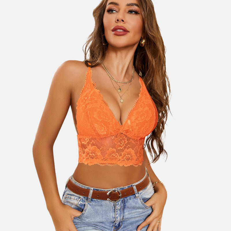 Lace bralette crop top, V-neck racerback, orange lace