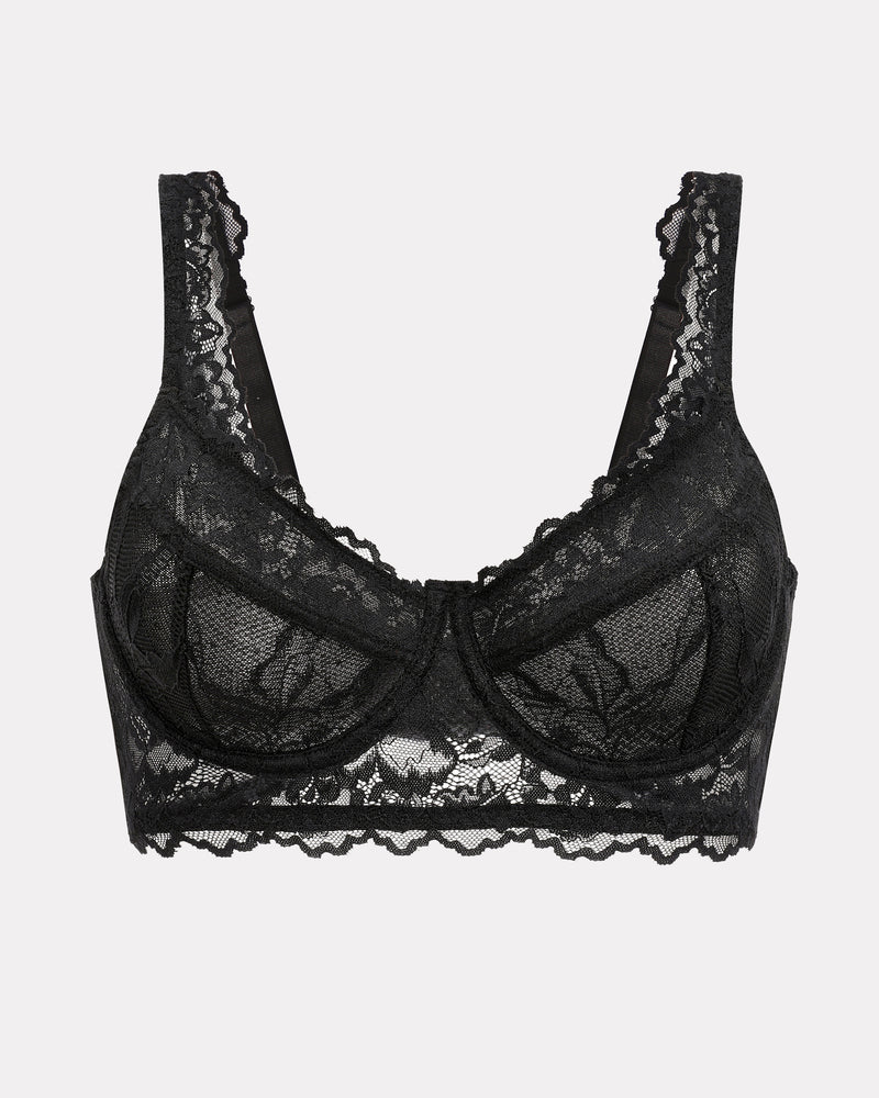 Black lace underwire bralette flat lay, openwork cups with scalloped neckline