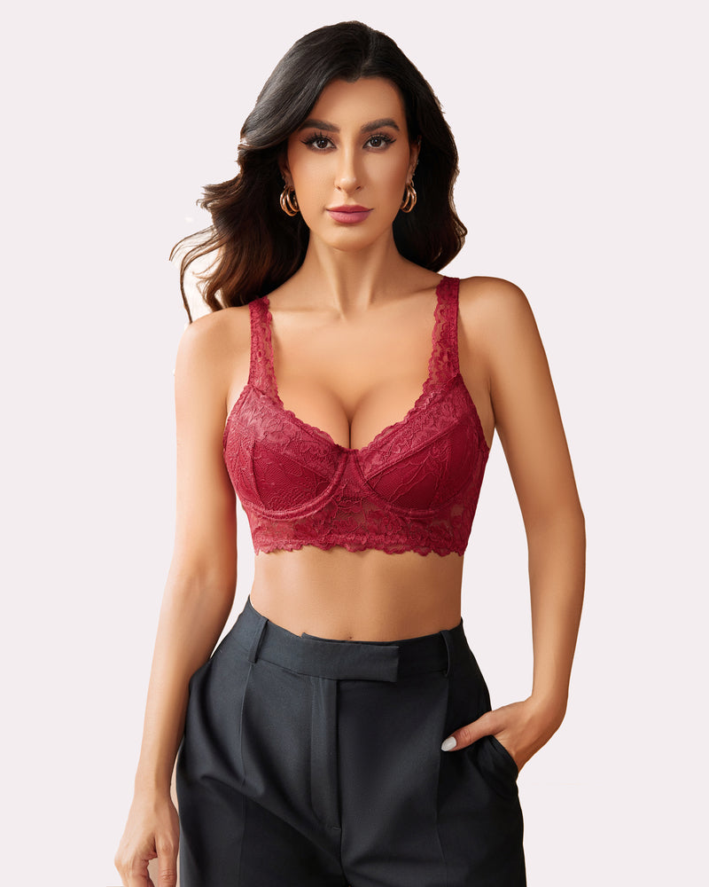 Wine red lace bralette with underwire, lace cups and wide lace-trim band