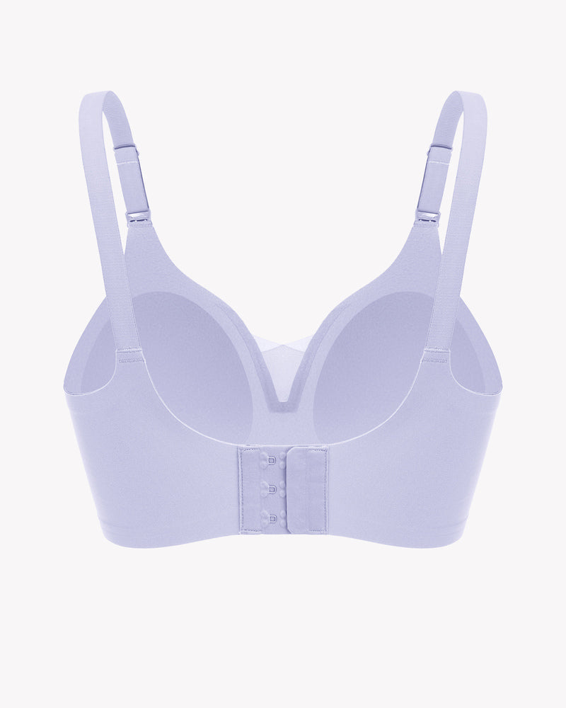 Wireless nursing bra bralette in light purple with adjustable straps and front clasp detail