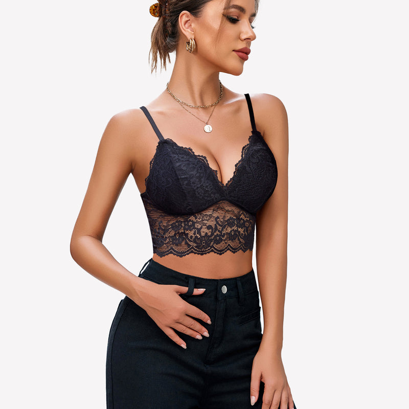 Dark navy lace bustier crop top with scalloped V-neck and adjustable cami straps