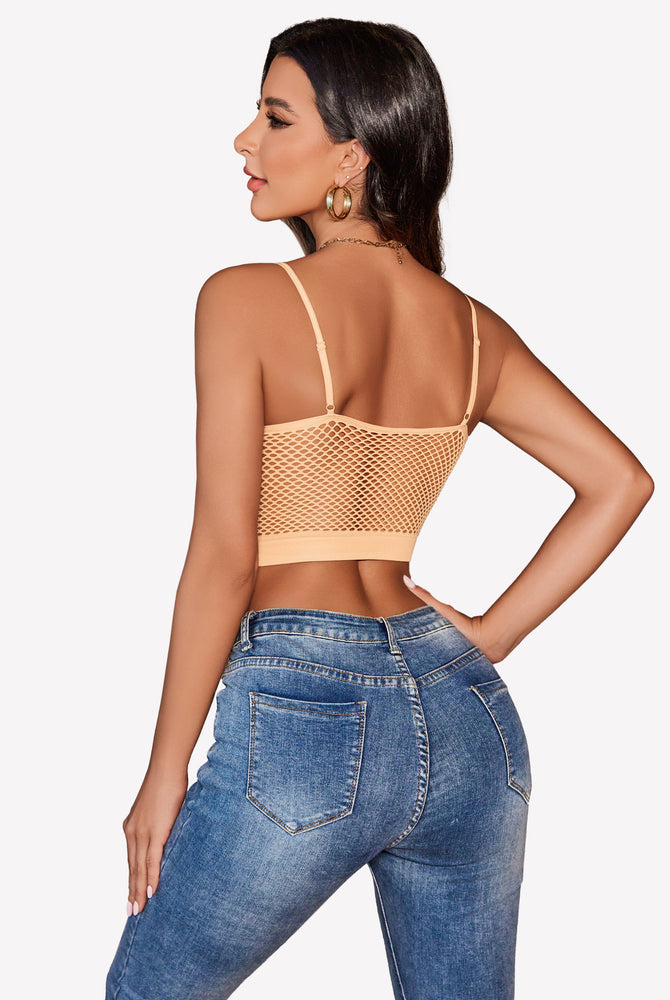 Camel fishnet back crop bralette with open mesh panel and thin straps