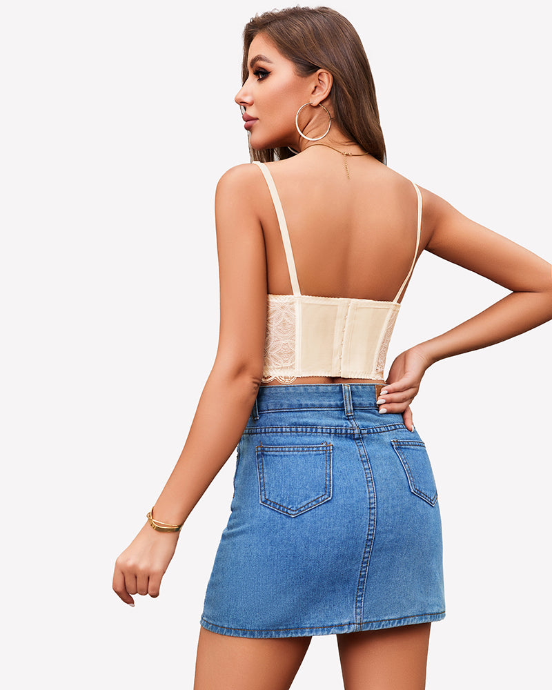 White lace underwire push-up bustier top with spaghetti straps, back view