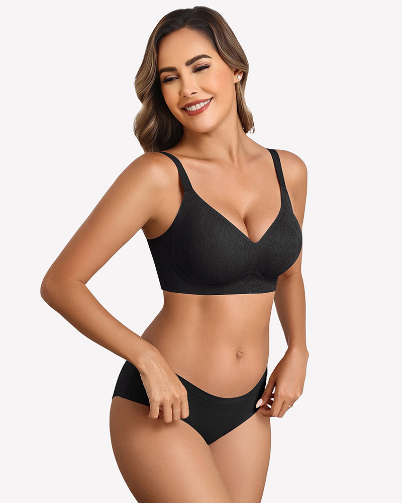 Seamless no-wire padded bra in black with V-neck and full-coverage cups