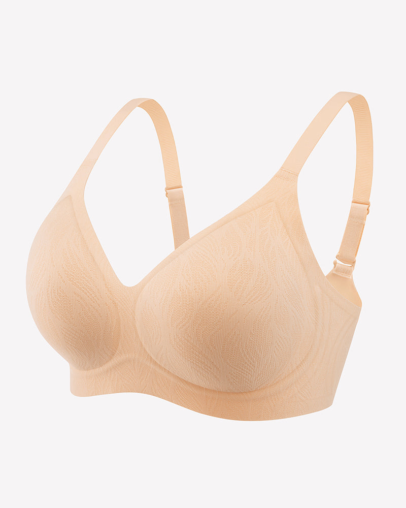 Seamless no-wire padded bra in nude beige, side view with smooth padded cups