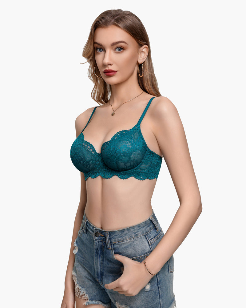 Teal lace balconette underwire bra with scalloped lace edges and thin straps
