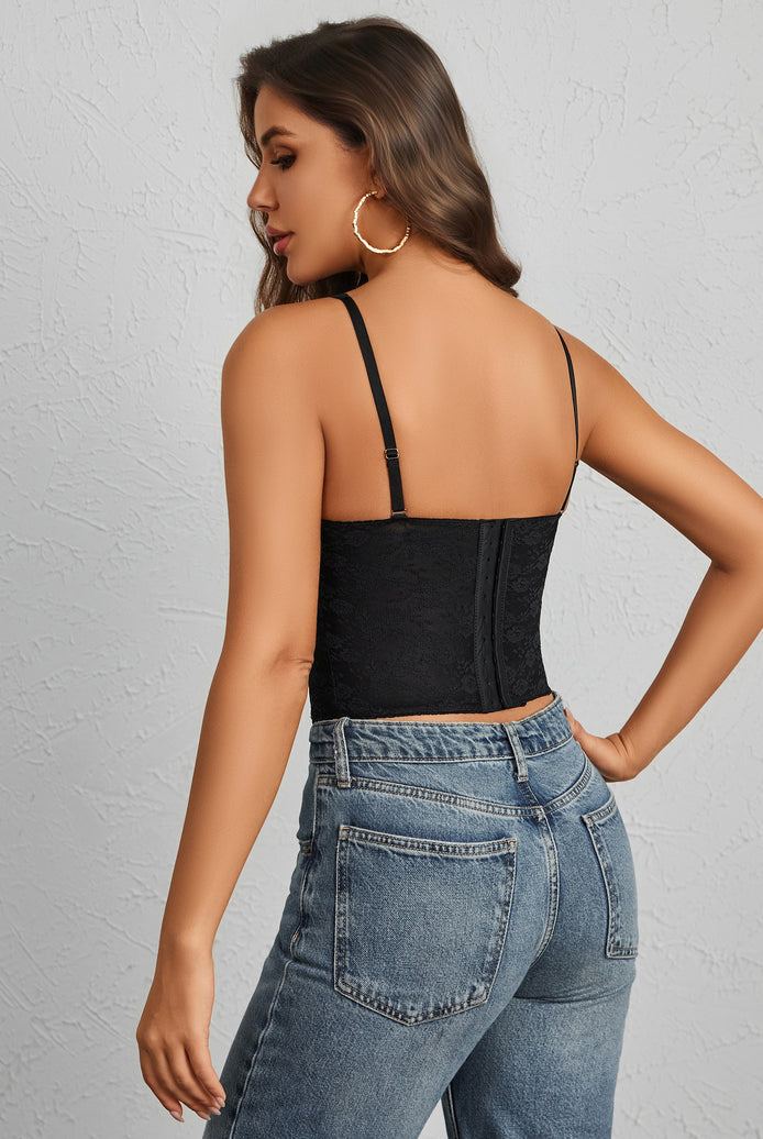 Black lace corset top with halter straps, open back, and underwire shaping.