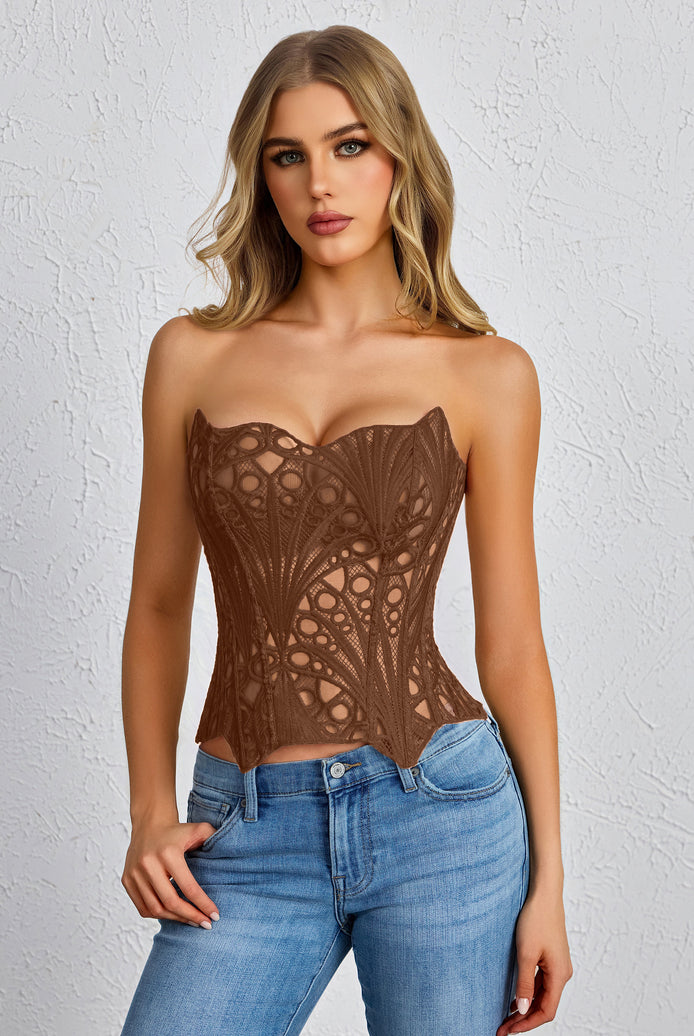 Brown strapless lace corset top with boned, structured cut