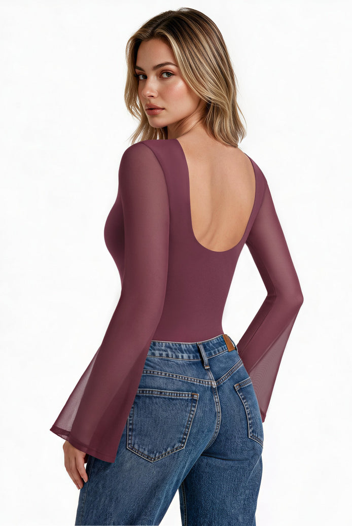 Plum backless mesh ruched bodysuit with open back and long sheer sleeves