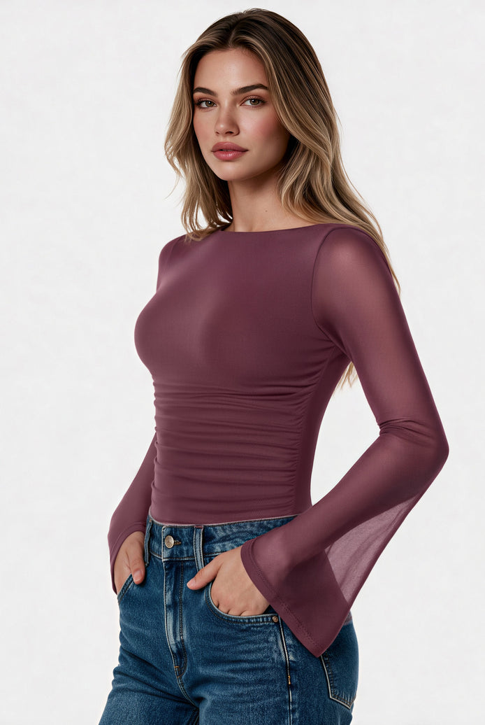 Plum mesh ruched bodysuit with boat neck, long sheer sleeves and open back