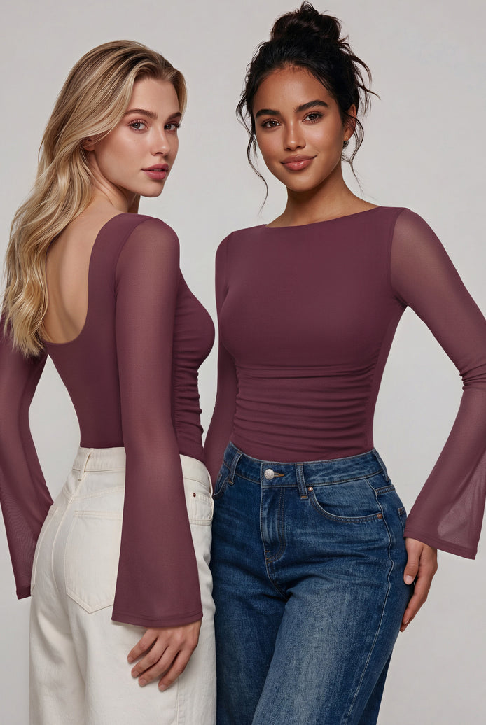 Plum backless mesh ruched bodysuit with boat neck and long sheer sleeves