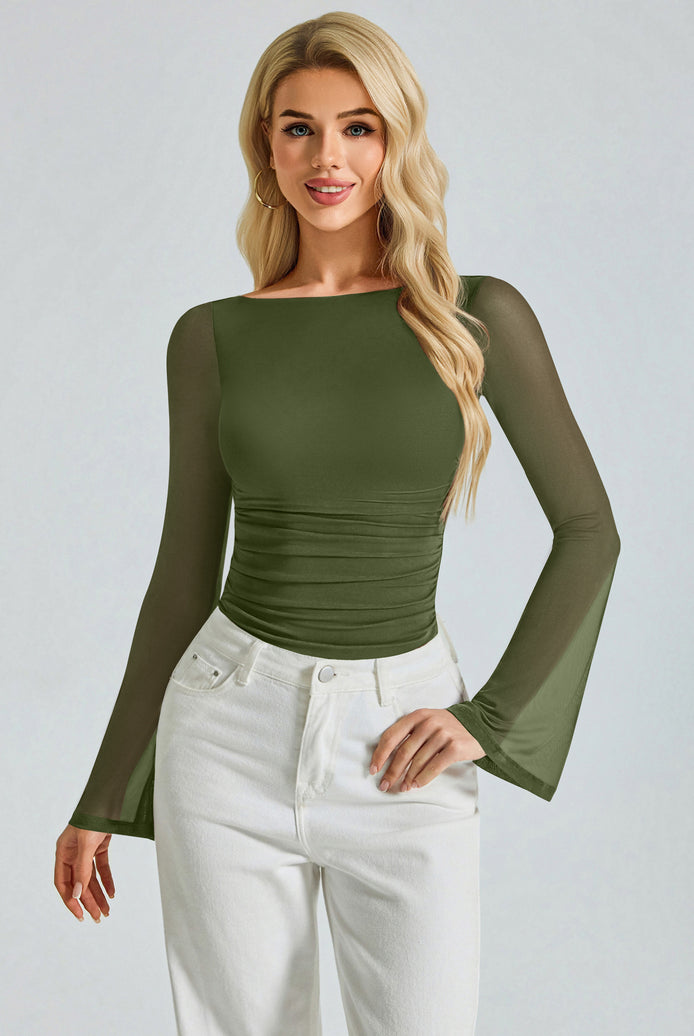 Ruched mesh boat-neck bodysuit with long sheer sleeves, olive green