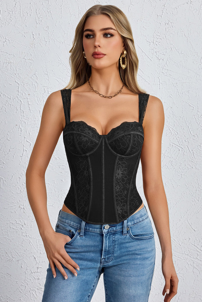 Black floral lace underwire corset top with boned bustier shaping