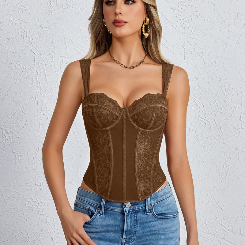 Brown floral lace underwire corset top with boned bustier shaping