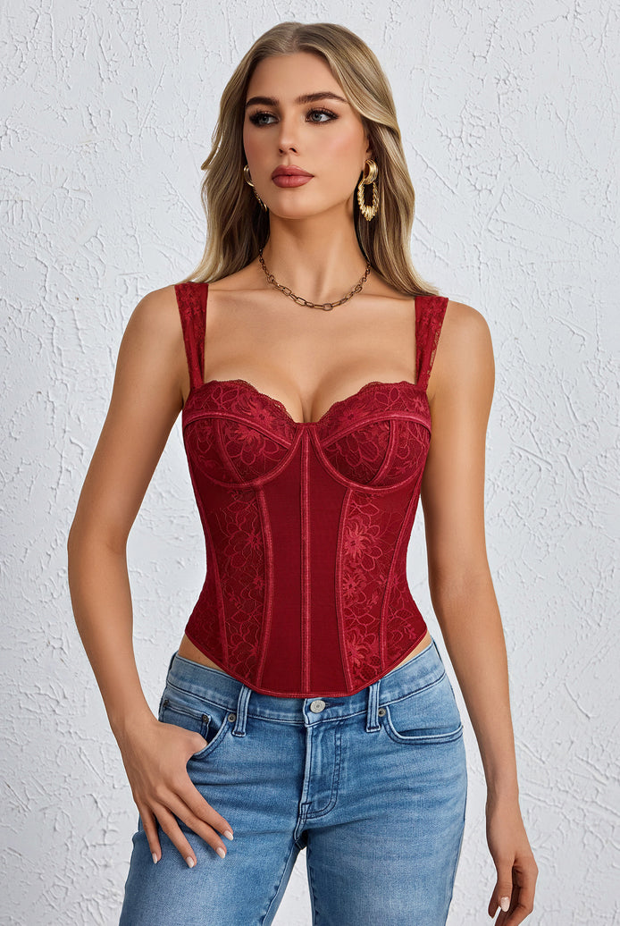 Wine red floral lace underwire corset top with boned bustier shaping