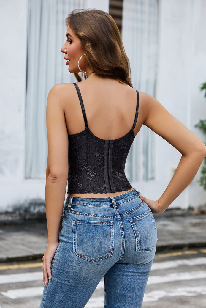 Black floral lace corset top, open back with adjustable shoulder straps