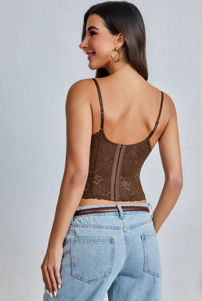Brown floral lace corset top with open back and thin adjustable shoulder straps
